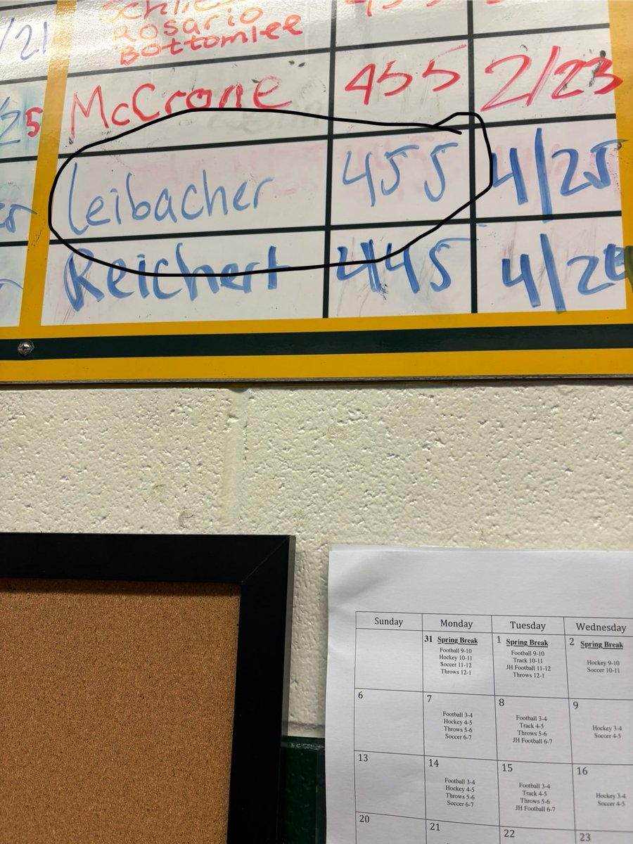 LeibacherPeyton's tweet photo. Max out week numbers: Squat-405lbs, Bench-245lbs, Deadlift-455lbs =1,105 total lbs  @CoachTThome @CoachLamb19 @Coach_DAndrea 113 days to go 🏈 https://t.co/n84nSfyN16