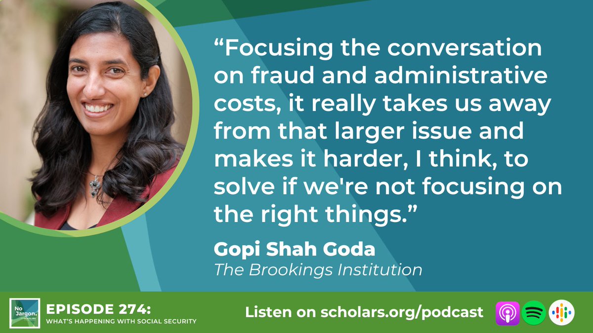 NoJargon (@nojargonpodcast) on Twitter photo In this No Jargon ep, <a href="/BrookingsEcon/">Brookings Econ</a>'s <a href="/ipogadog/">Gopi Shah Goda</a> explains how social security faces a real financial shortfall—but talk of "waste, fraud, and abuse" distracts from real fixes. She breaks down who's hurt by SSA cuts and what reforms are needed.
🎧Listen: scholars.org/podcast/whats-… In this No Jargon ep, <a href="/BrookingsEcon/">Brookings Econ</a>'s <a href="/ipogadog/">Gopi Shah Goda</a> explains how social security faces a real financial shortfall—but talk of "waste, fraud, and abuse" distracts from real fixes. She breaks down who's hurt by SSA cuts and what reforms are needed.
🎧Listen: scholars.org/podcast/whats-…