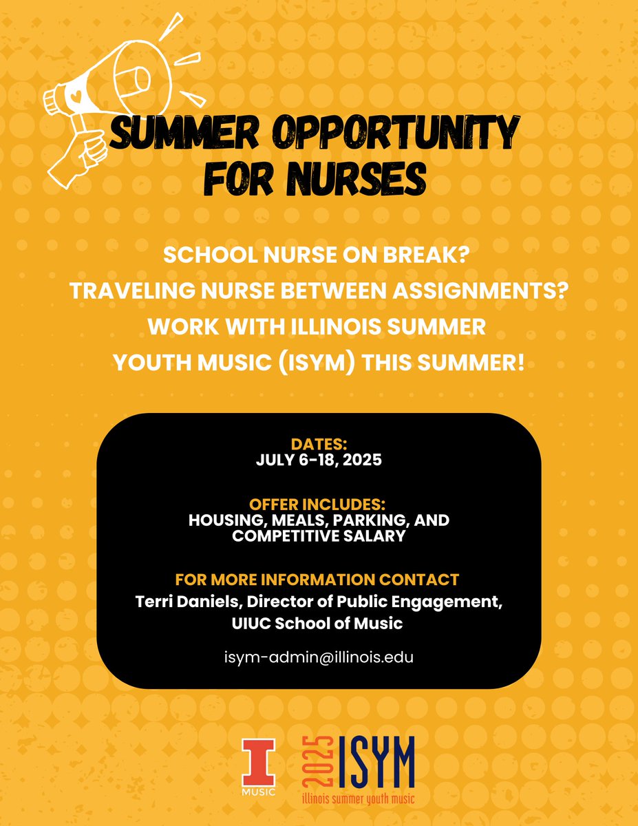 Illinois Music (@illinoismusic) on Twitter photo Are you a school nurse on summer break or a traveling nurse between assignments? 🩺 Illinois Summer Youth Music (ISYM) is hiring a nurse for July 6–18, 2025!
To apply or learn more, contact: Terri Daniels, isym-admin@illinois.edu Are you a school nurse on summer break or a traveling nurse between assignments? 🩺 Illinois Summer Youth Music (ISYM) is hiring a nurse for July 6–18, 2025!
To apply or learn more, contact: Terri Daniels, isym-admin@illinois.edu