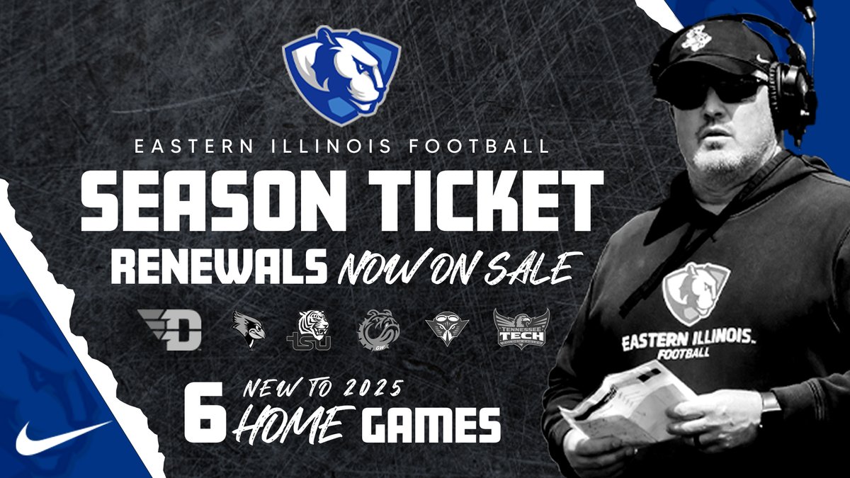 Eastern Illinois Athletics (@eiu_panthers) on Twitter photo 2025 <a href="/EIU_FB/">Eastern Illinois Football</a> season ticket renewals are now underway
The 2025 season includes 6 home games starting on Aug. 28 vs Dayton and homecoming Oct. 11 vs Gardner-Webb
Each season ticket includes a free hot dog and drink for each game
Renew🏈🎟️👀⬇️
gf1.glitnirticketing.com/gfticket/web/w… 2025 <a href="/EIU_FB/">Eastern Illinois Football</a> season ticket renewals are now underway
The 2025 season includes 6 home games starting on Aug. 28 vs Dayton and homecoming Oct. 11 vs Gardner-Webb
Each season ticket includes a free hot dog and drink for each game
Renew🏈🎟️👀⬇️
gf1.glitnirticketing.com/gfticket/web/w…