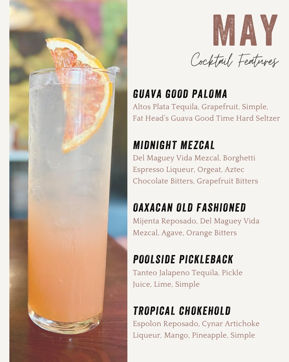 We're celebrating Cinco de Mayo all month long! Try one of our tequila-forward featured cocktails. Cheers!

Open today 4–9pm