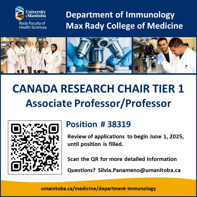 Dept of Immunology @ UofM (@um_immu) on Twitter photo New opportunity to join the Department of Immunology!
<a href="/UM_RadyFHS/">U of M Rady Faculty</a> <a href="/um_research/">uManitoba Research</a> <a href="/umanitobasci/">UManitoba Science</a>
<a href="/TIPS_SPIIE/">TIPS_SPIIE</a> #canadaresearchchair New opportunity to join the Department of Immunology!
<a href="/UM_RadyFHS/">U of M Rady Faculty</a> <a href="/um_research/">uManitoba Research</a> <a href="/umanitobasci/">UManitoba Science</a>
<a href="/TIPS_SPIIE/">TIPS_SPIIE</a> #canadaresearchchair
