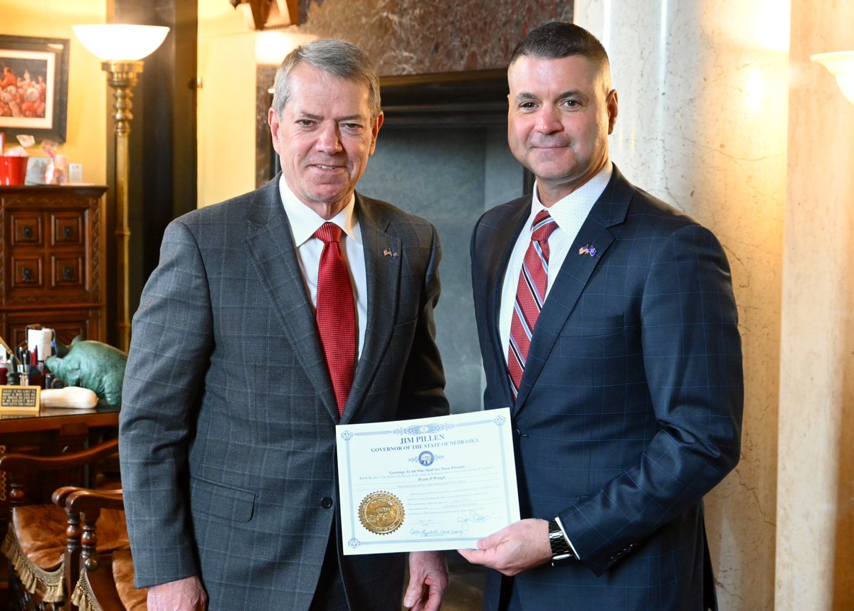 NEStatePatrol's tweet photo. Congratulations to the next Colonel of the Nebraska State Patrol, Bryan Waugh, who was introduced by Governor Pillen today!

Waugh will serve as the 19th Superintendent in NSP history. https://t.co/Cy06aIXKMp