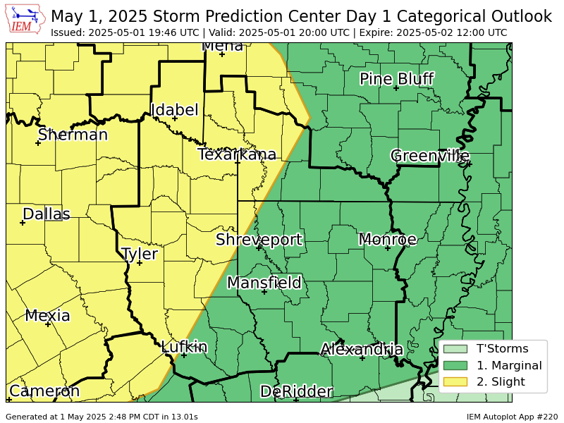 #SPC issues Day 1 Slight Convective Risk at May 1, 19:46z for SHV spc.noaa.gov/products/outlo…