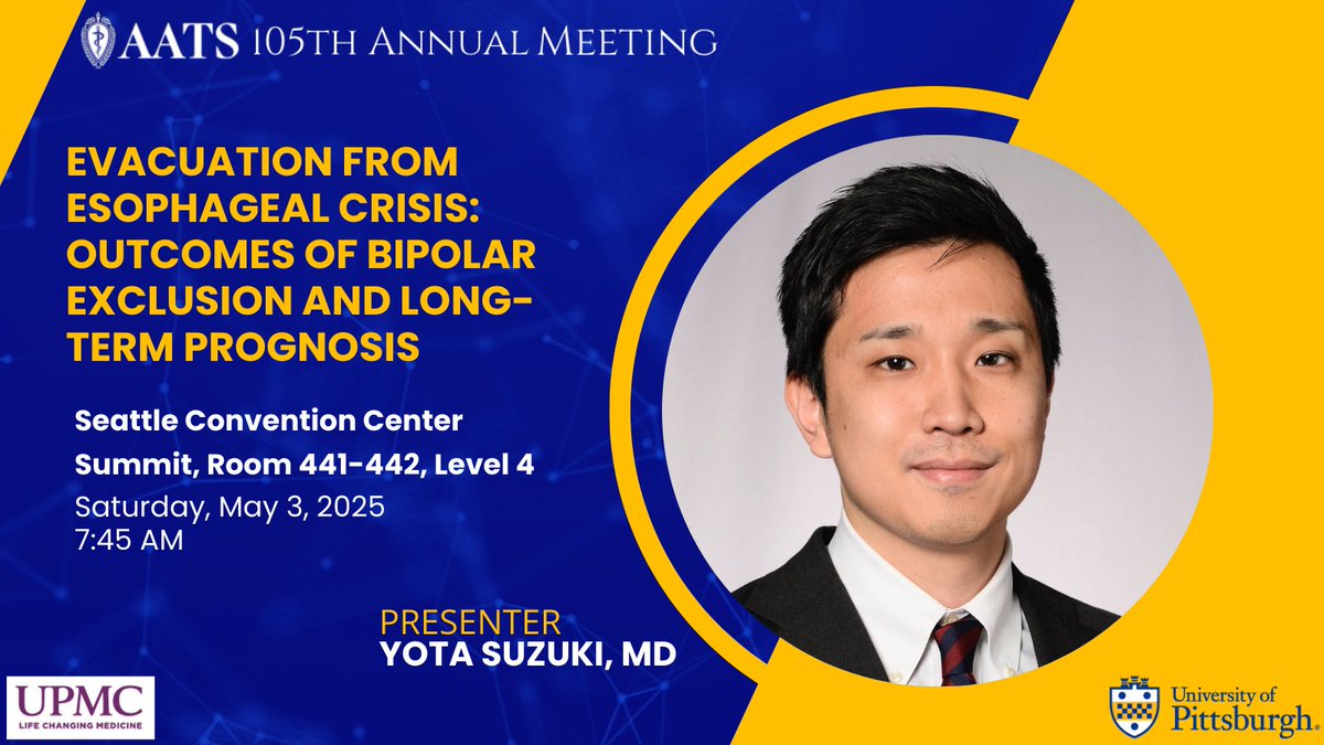 Pitt Cardiothoracic Surgery Department (@upmc_ctsurgery) on Twitter photo Dr. Yota Suzuki presents: Evacuation from Esophageal Crisis: Outcomes of Bipolar Exclusion and Long-Term Prognosis at #AATS2025
Seattle Convention Center | Summit, Room 441-442, Level 4
Saturday 5/3/25 @ 7:45am
<a href="/AATSHQ/">AATS</a> <a href="/UPMCPhysicianEd/">UPMC Physician Resources</a> <a href="/HviUpmc/">UPMC Heart and Vascular Institute</a> <a href="/yosuzukimd/">Yota Suzuki</a> Dr. Yota Suzuki presents: Evacuation from Esophageal Crisis: Outcomes of Bipolar Exclusion and Long-Term Prognosis at #AATS2025
Seattle Convention Center | Summit, Room 441-442, Level 4
Saturday 5/3/25 @ 7:45am
<a href="/AATSHQ/">AATS</a> <a href="/UPMCPhysicianEd/">UPMC Physician Resources</a> <a href="/HviUpmc/">UPMC Heart and Vascular Institute</a> <a href="/yosuzukimd/">Yota Suzuki</a>
