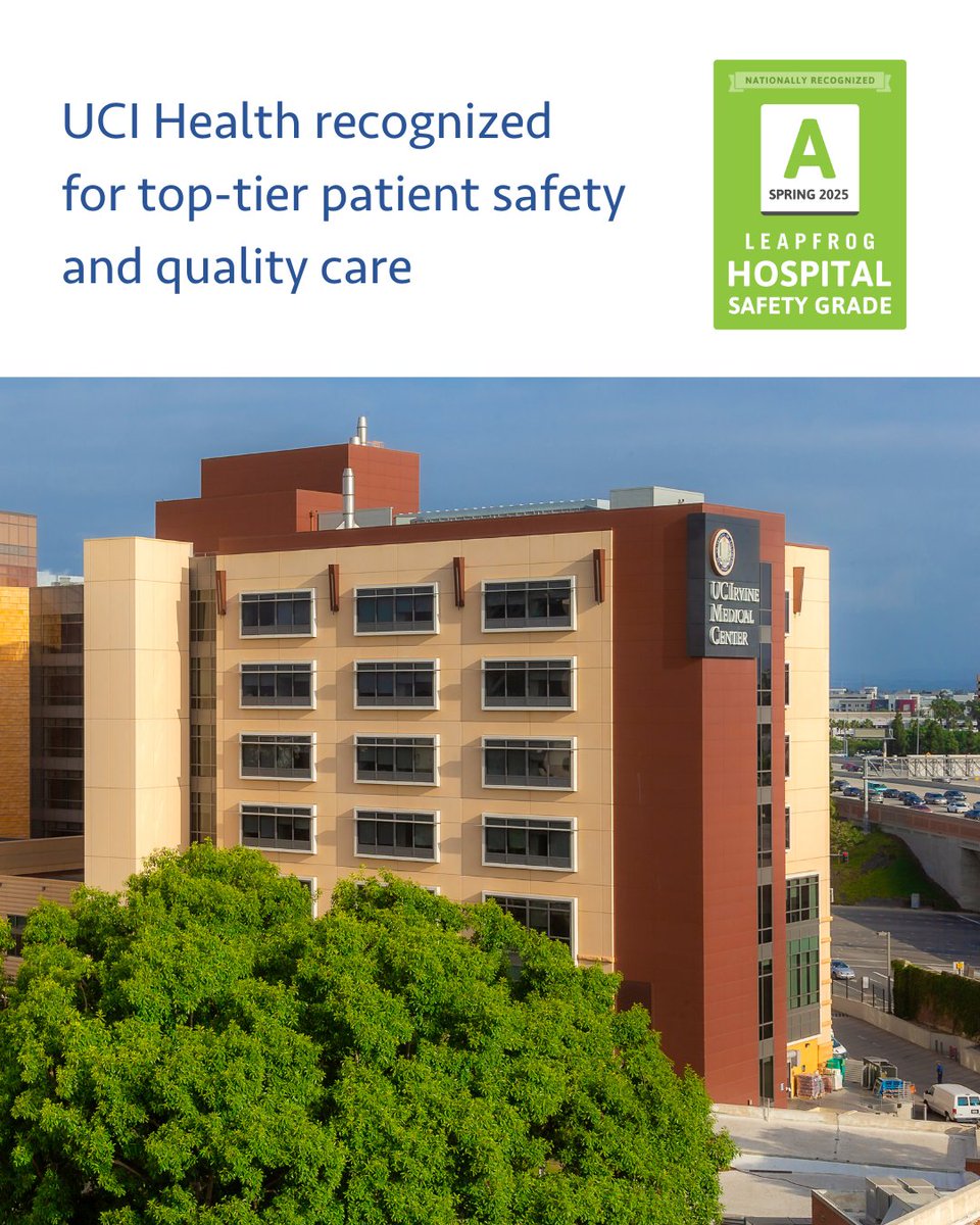 UCI Medical Center, part of #UCIHealth, is honored to announce continued recognition with an 'A' grade in the spring 2025 #Leapfrog Hospital Safety Grade. 

Learn more at bit.ly/432ed59