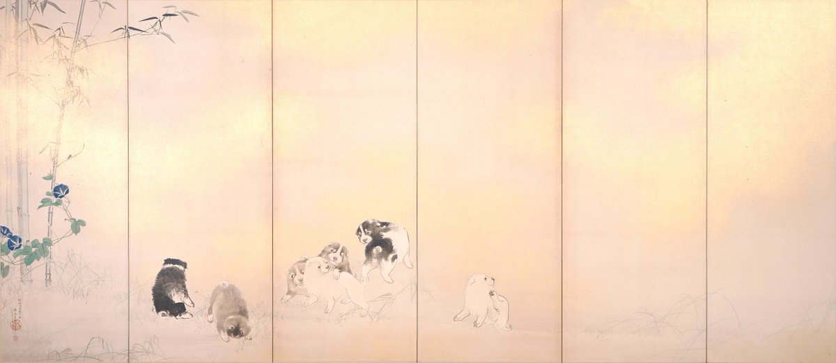 JapanTraCul's tweet image. Wisteria and Morning Glory with Dogs, by Takeuchi Seiho, 1898