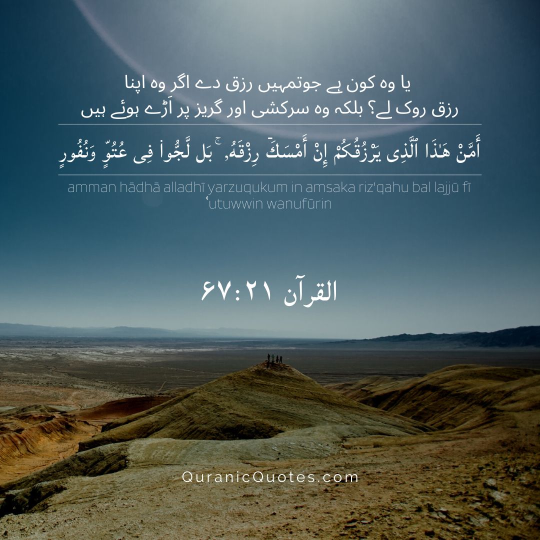 Surah Al-Mulk – Ayah 21
"Or who is it that could provide for you if He withheld His provision? But they have persisted in arrogance and aversion." (Surah Al-Mulk 67:21)