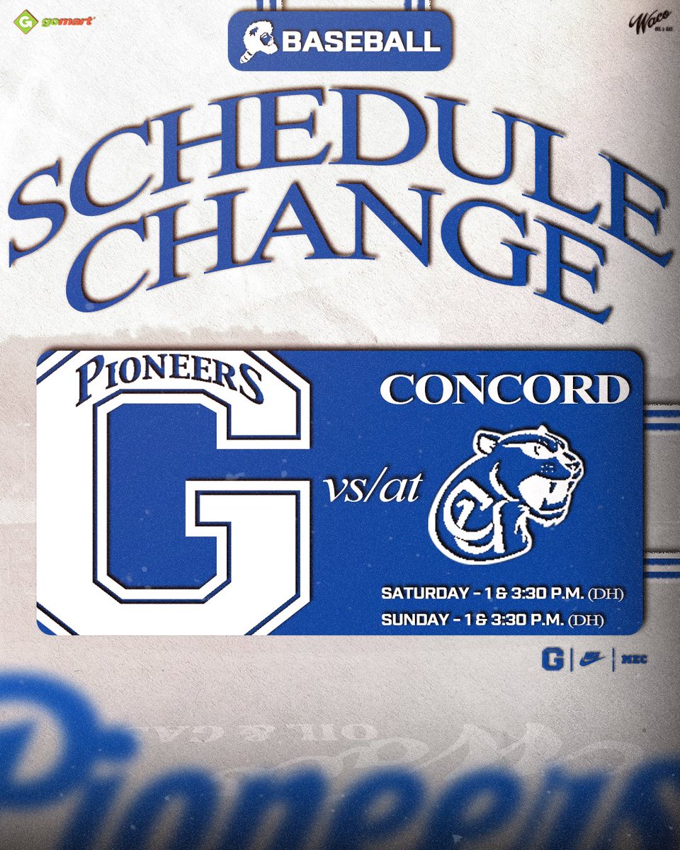 🚨𝐒𝐂𝐇𝐄𝐃𝐔𝐋𝐄 𝐂𝐇𝐀𝐍𝐆𝐄🚨

Tentative changes have been made to our final series of the year.

May 3 - vs Concord
May 4 - at Concord 

#GoPioneers