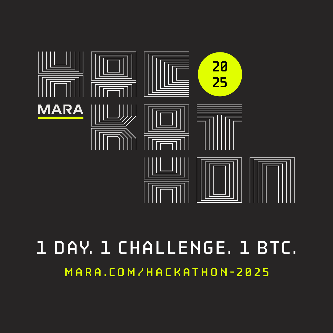 MARA's tweet photo. The first-ever MARA Hackathon drops this June.
One day. One challenge.
The prize? 1 BTC.

Students — get notified when applications open:
https://t.co/VqSHCbdxUc https://t.co/fzDvshYuAB