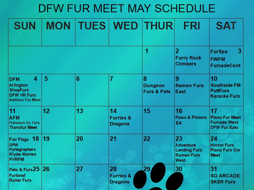 DFWFurs's tweet image. The May furmeet calendar is here #DFWFurs!

Please refer to the key to see organizers, locations, and requirements to attend for each meet! ❤️🐾