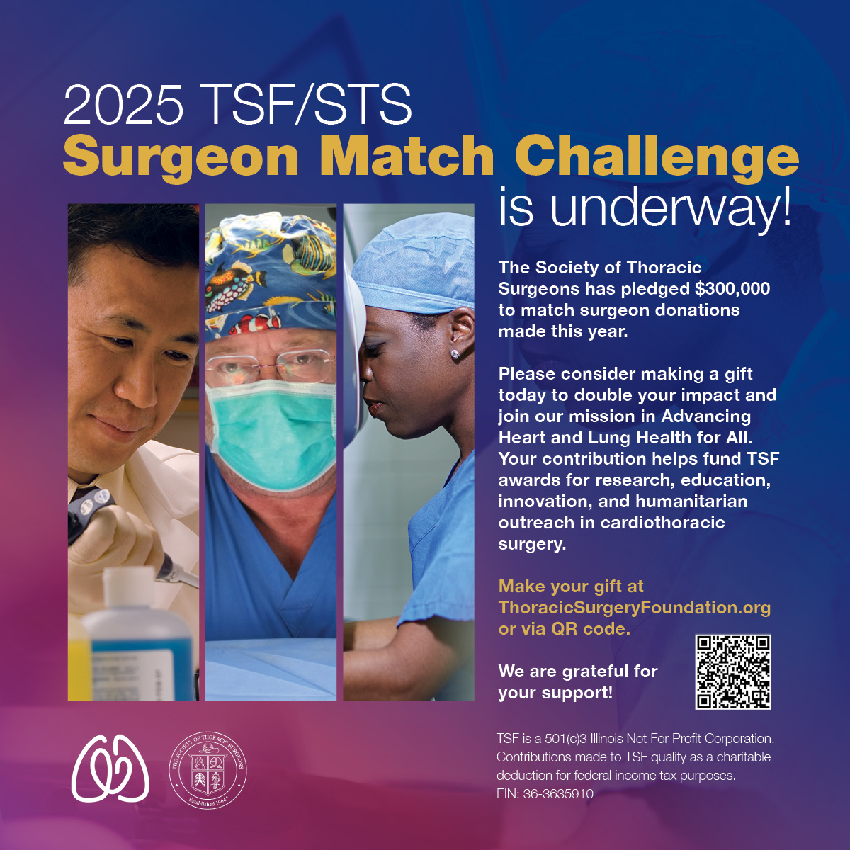The Thoracic Surgery Foundation (TSF) (@thoracicsurgfnd) on Twitter photo 📢It's here!
The 2025 TSF/STS Surgeon Match Challenge is LIVE!
The <a href="/STS_CTsurgery/">The Society of Thoracic Surgeons</a> is generously matching all surgeon gifts up to $300,000 to support TSF.
Double your impact.💙
Donate today: thoracicsurgeryfoundation.org/giving
.
#SurgeonMatch #TSFImpact #DoubleYourImpact 📢It's here!
The 2025 TSF/STS Surgeon Match Challenge is LIVE!
The <a href="/STS_CTsurgery/">The Society of Thoracic Surgeons</a> is generously matching all surgeon gifts up to $300,000 to support TSF.
Double your impact.💙
Donate today: thoracicsurgeryfoundation.org/giving
.
#SurgeonMatch #TSFImpact #DoubleYourImpact