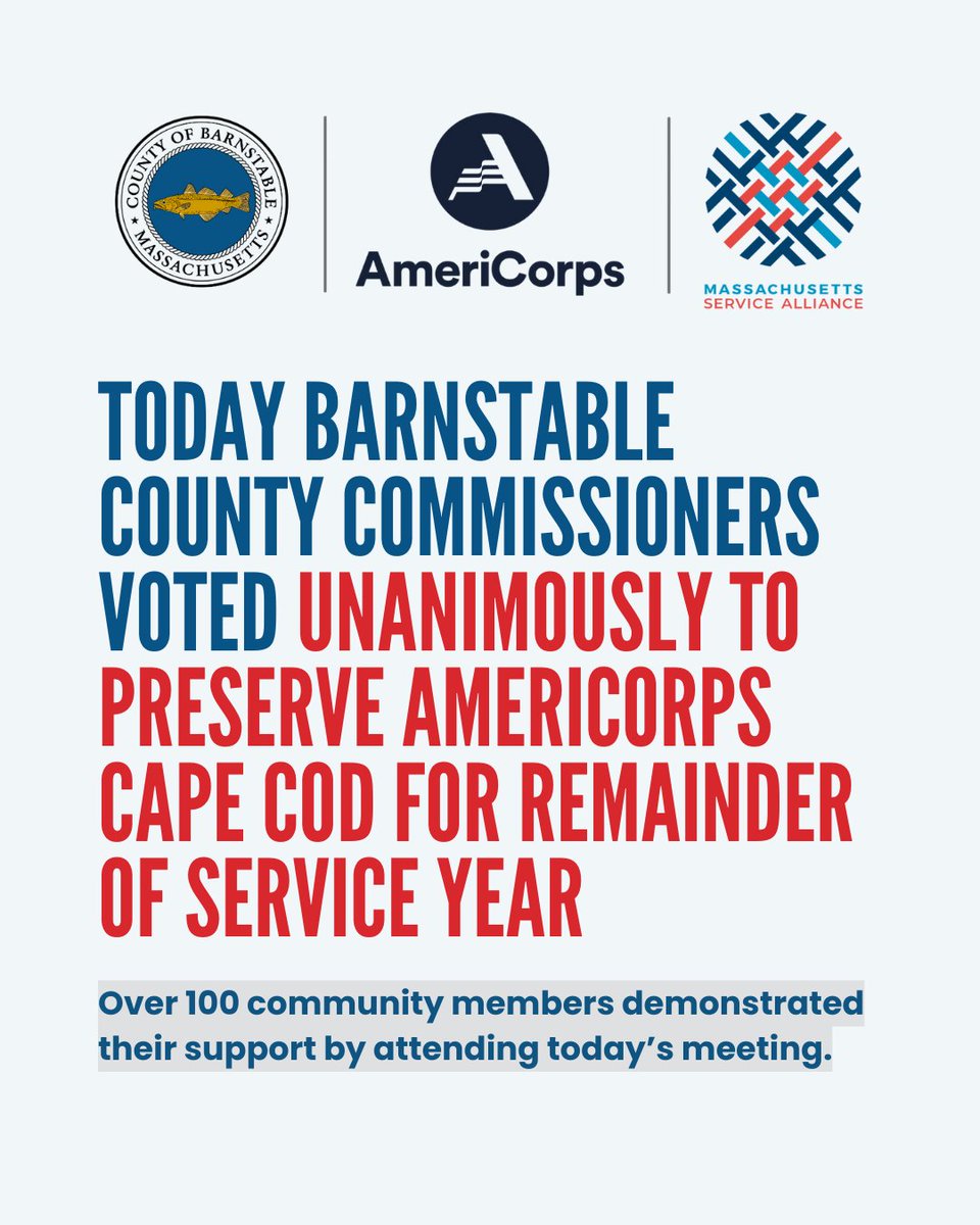 📢 BREAKING: Barnstable County Commissioners voted unanimously to preserve AmeriCorps Cape Cod through the end of the current service year—despite the sudden loss of federal funding.
🔗 Learn more and take action: loom.ly/8787Kho
📣 #BarnstableCounty #NationalService