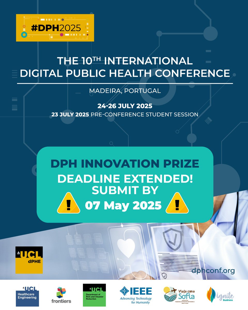 UCL Centre for Digital Public Health in Emergency (@ucl_dphe) on Twitter photo Deadline extended to ๐ณ ๐ ๐ฎ๐!
Apply now #๐๐ฃ๐๐ฎ๐ฌ๐ฎ๐ฑ ๐๐ป๐ป๐ผ๐๐ฎ๐๐ถ๐ผ๐ป ๐ฃ๐ฟ๐ถ๐๐ฒ ๐
Categories:
๐ค Best Partnership
๐ Best Data-Driven Innovation
๐ Best Scale-Up
๐ Open to start-ups, charities, academia & health orgs dphconf.org/innovators-2/
<a href="/UCLTRO/">UCL Translational Research Office</a> #DigitalHealth Deadline extended to ๐ณ ๐ ๐ฎ๐!
Apply now #๐๐ฃ๐๐ฎ๐ฌ๐ฎ๐ฑ ๐๐ป๐ป๐ผ๐๐ฎ๐๐ถ๐ผ๐ป ๐ฃ๐ฟ๐ถ๐๐ฒ ๐
Categories:
๐ค Best Partnership
๐ Best Data-Driven Innovation
๐ Best Scale-Up
๐ Open to start-ups, charities, academia & health orgs dphconf.org/innovators-2/
<a href="/UCLTRO/">UCL Translational Research Office</a> #DigitalHealth