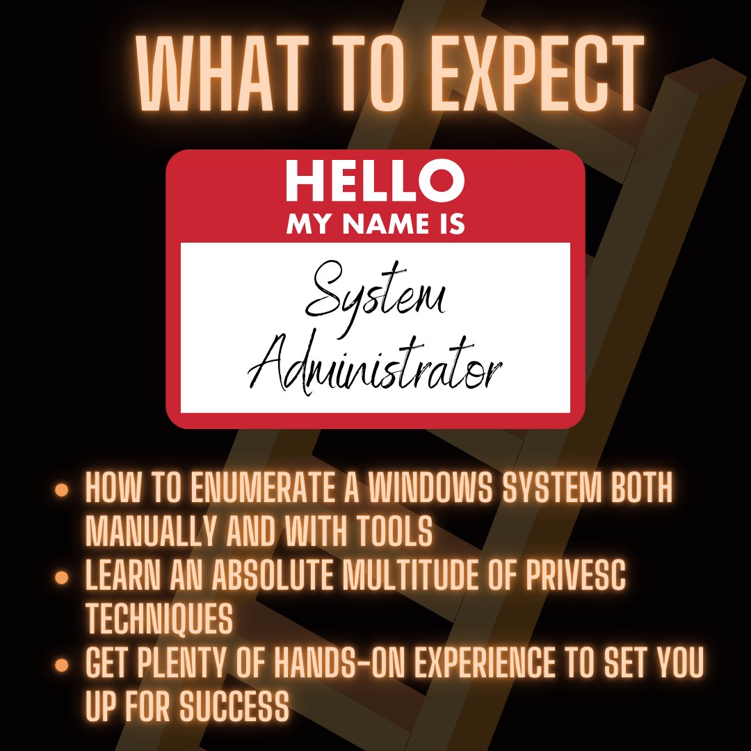 TCMSecurity's tweet image. Windows Privilege Escalation for Beginners will be retired as of May 7th! 😱

But don't panic yet - we are offering lifetime access for $60 USD or you can bundle it with Linux #PrivEsc for $99 USD.

This 7-hour course, led by Heath Adams, covers everything you need to get started