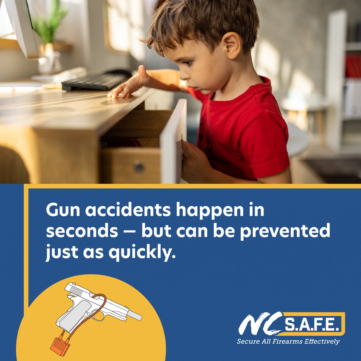Guns are the leading cause of injury-related death for children and youth in North Carolina. Lock your gun like their lives depend on it.

Find safe gun storage tips at ncsafe.org/safestorage/