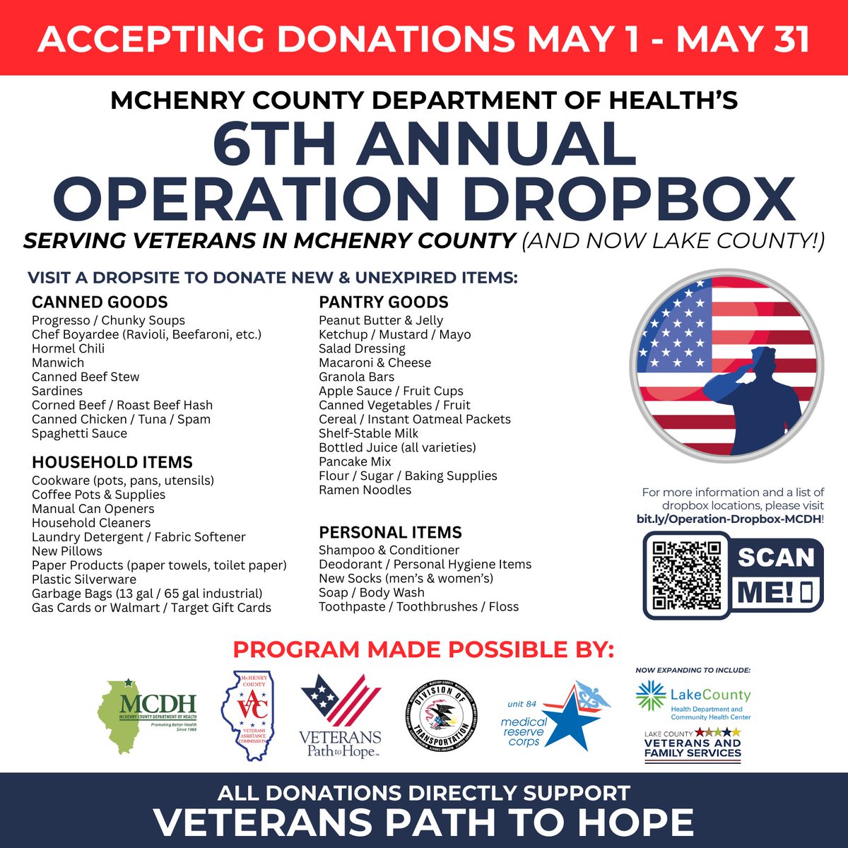 Join us in supporting veterans and their families through Operation Dropbox!

📍 Drop off items by May 31 at any participating McHenry or Lake County drop site location.

🔗 McHenry County: bit.ly/Operation-Drop…
🔗 Lake County: bit.ly/Operation-Drop…