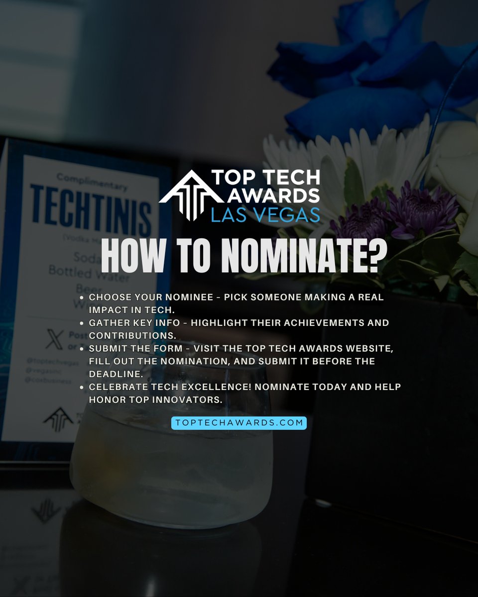 The 2025 Las Vegas Top Tech Awards are here! Submit your nomination to recognize a leader whose creativity and innovation are transforming industries.
Nominations close June 13. Nominate your Tech leader here: bit.ly/2V6e6lV

#TopTechVegas #TTAVegas #TTAVegas25