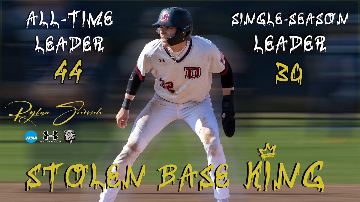 DeanAthletics's tweet image. THE STOLEN BASE KING 👑
Sophomore Rylan Secovich has now become the program’s all-time (44) and single-season (30) leader in stolen bases!
#BulldogNation 🐾⚾️