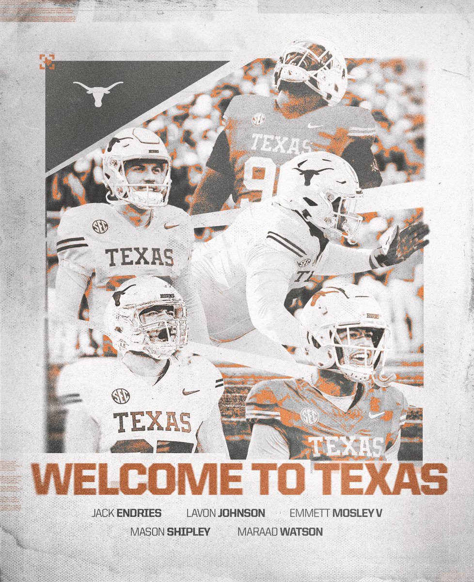 Texas Football (@texasfootball) on Twitter photo Welcome to the Longhorn family π€
<a href="/JackEndries/">Jack Endries</a>
<a href="/lavonjohnson90/">Lavon Johnson</a>
<a href="/EmmettMosley6/">Emmett Mosley V</a>
<a href="/MasonShipley1/">Mason Shipley</a>
<a href="/WatsonMaraad/">Maraad Watson70</a> Welcome to the Longhorn family π€
<a href="/JackEndries/">Jack Endries</a>
<a href="/lavonjohnson90/">Lavon Johnson</a>
<a href="/EmmettMosley6/">Emmett Mosley V</a>
<a href="/MasonShipley1/">Mason Shipley</a>
<a href="/WatsonMaraad/">Maraad Watson70</a>