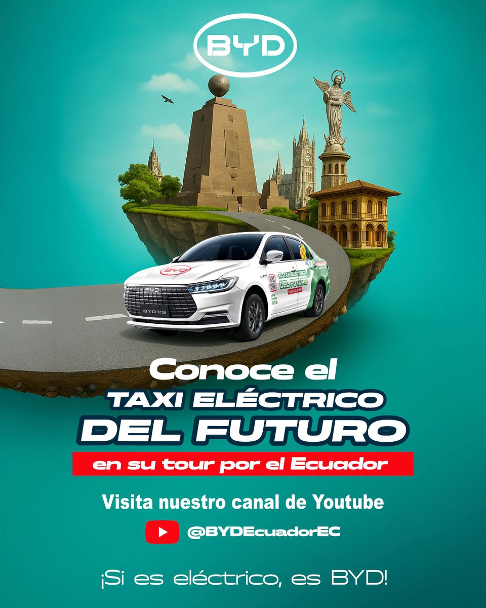 El Taxi Eléctrico E5 de BYD está revolucionando Ecuador. 🚖⚡ 

 Sigue toda nuestra ruta por Ecuador en nuestro canal de YouTube  @BYDEcuadorEC 👀✨

¡No te pierdas ninguna parada!  
#NewE5 #TaxiEléctrico #MovilidadEléctrica #BYD #Sieseléctricoesbyd #TaxiDelFuturo #TourEcuador