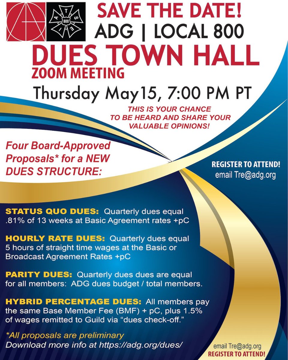 Art Directors Guild (@adg800) on Twitter photo Mark your calendars! The upcoming Dues Town Hall Meeting taking place next Thursday at 7pm sharp. To register your spot, swiftly send an email to Tre@adg.org! Mark your calendars! The upcoming Dues Town Hall Meeting taking place next Thursday at 7pm sharp. To register your spot, swiftly send an email to Tre@adg.org!