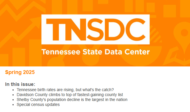 Our spring newsletter is here! Inside you'll find:

➡️ Birth rates are at the highest point since 2008
➡️ Which Tennessee county experienced the highest population decline in the U.S.
➡️ Which counties are growing the fastest in Tennessee

Read more: 
conta.cc/4jQyVeQ