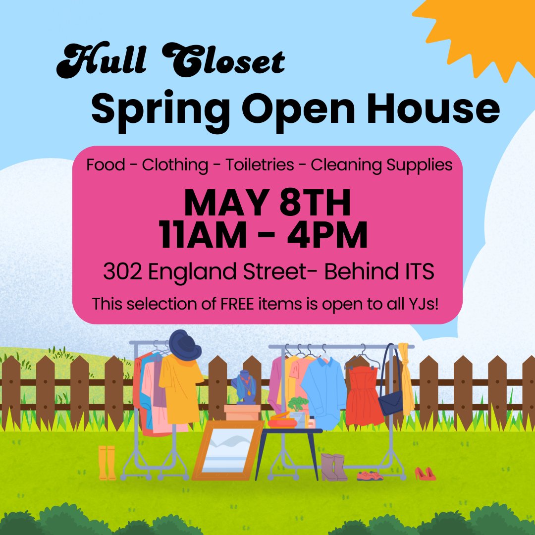 Looking to give or get support? 💛 Stop by the Hull Closet on May 8th between 11 AM and 4 PM! All are welcome to browse, pick up what they need, or contribute items that could help others.📍 The Hull Closet is located at 302 England Street (Behind ITS).