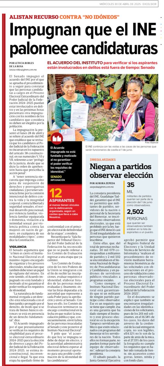 Leti RoblesdelaRosa (@letroblesrosa) on Twitter photo Ayer en la edición impresa de <a href="/Excelsior/">Excélsior</a> se publicaron los detalles de la impugnación del <a href="/senadomexicano/">Senado de México</a> a un acuerdo del <a href="/INEMexico/">@INEMexico</a> en materia de candidaturas al Poder Jodicial.
Hay confianza del Senado en que el <a href="/TEPJF_informa/">TEPJF</a> le dará la razón. Ayer en la edición impresa de <a href="/Excelsior/">Excélsior</a> se publicaron los detalles de la impugnación del <a href="/senadomexicano/">Senado de México</a> a un acuerdo del <a href="/INEMexico/">@INEMexico</a> en materia de candidaturas al Poder Jodicial.
Hay confianza del Senado en que el <a href="/TEPJF_informa/">TEPJF</a> le dará la razón.