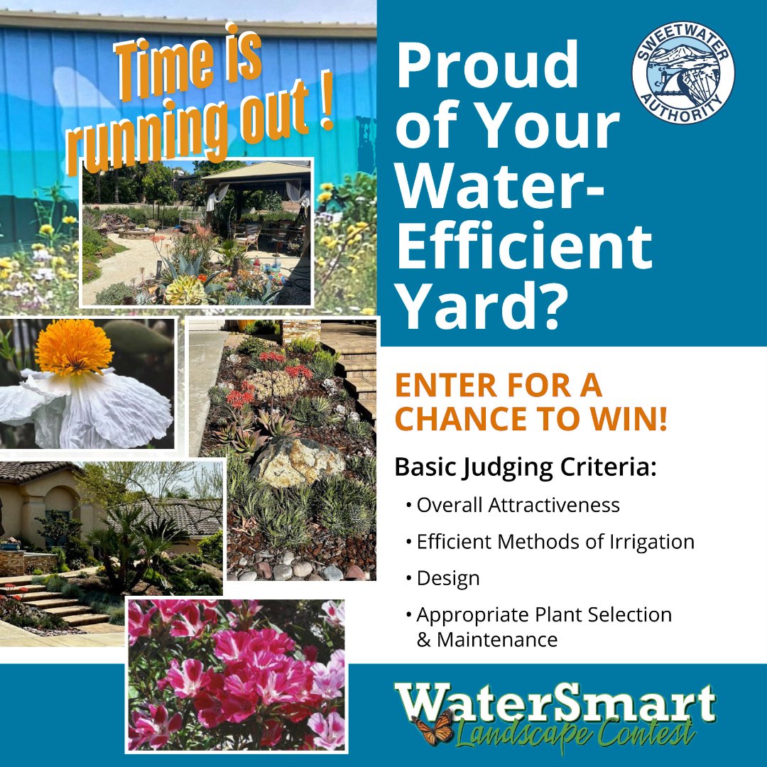 Time is running out!
Show off your beautiful, drought-tolerant yard in the 2025 WaterSmart Landscape Contest

Deadline: May 9, 2025
Prize: $250 Gift Certificate
Open to Sweetwater Authority residential customers

Submit your package to:
waterefficiency@sweetwater.org