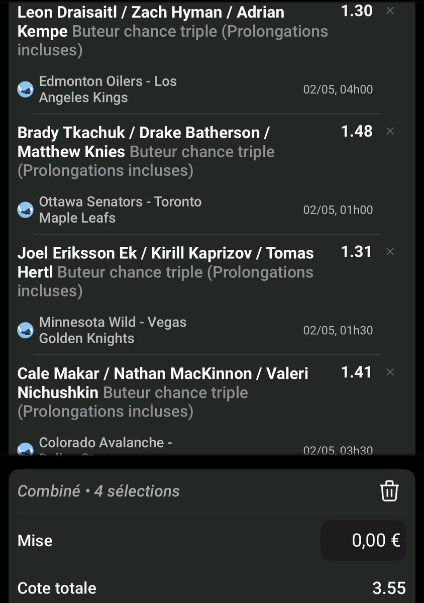 iiiicemaaaaaaan's tweet photo. #NHLPlayoffs 🏒🇺🇸🇨🇦

⌚️ 01h00

▫️Combo Triple chance buteurs 3,55 (le safe)

▫️Combo Double chance buteurs 5,79 (bonne confiance)

Doucement sur les mises les amies 🤗

❤️ &amp; RT si tu suis !

#TeamParieur #StanleyCupPlayoffs #NHL #Playoffs #StanleyCup #HockeyBet https://t.co/Leqf7NCZac