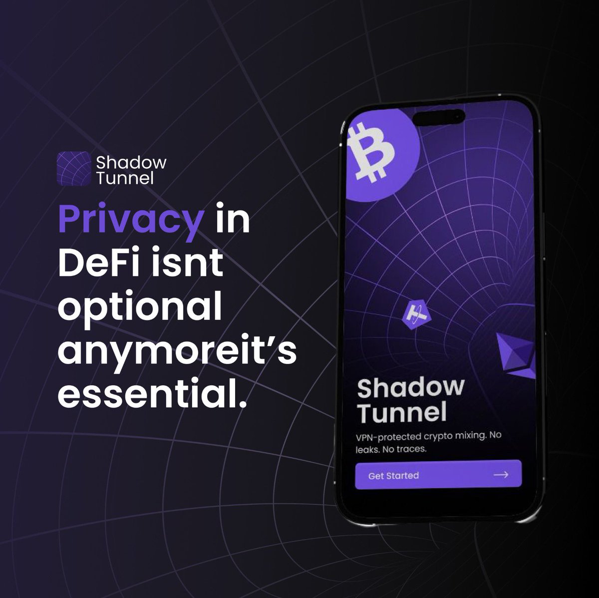shadownodeVPN's tweet image. Privacy in DeFi isn’t optional anymore, it’s essential.

Shadow Tunnel by @ShadowNodeVPN is coming soon: 

A next-gen cross-chain crypto mixer powered by VPN-grade privacy.

Mix, move, and transact without leaving a trace.

Here’s how it works
🧵