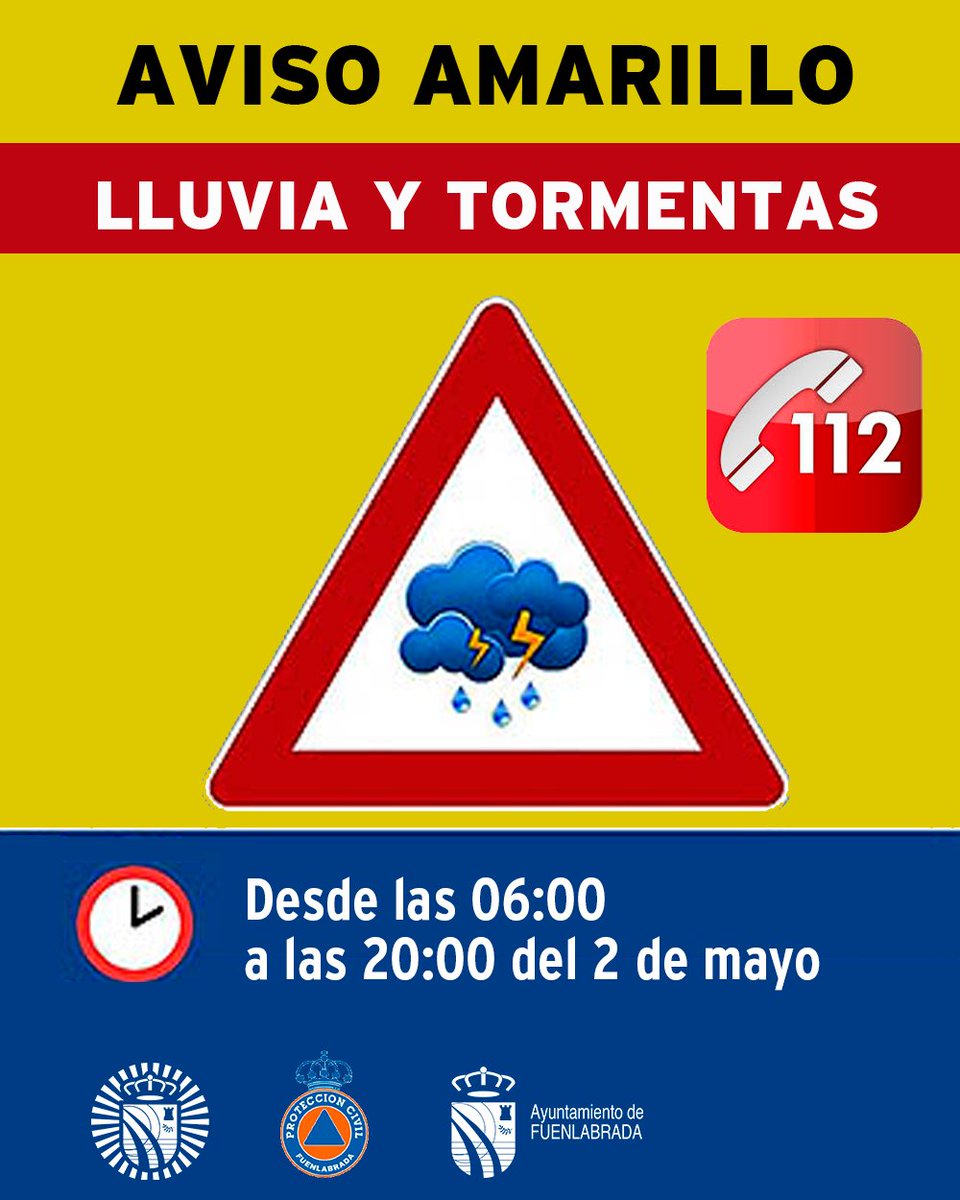 ⚠️🌧 AVISO METEOROLÓGICO | NIVEL AMARILLO EN MADRID 🌧⚠️
🚨 La Agencia Estatal de Meteorología activa el aviso amarillo por lluvias y tormentas en toda la Comunidad de Madrid

🕕 Desde las 06:00 hasta las 20:00 h del 2 de mayo 

📞 Ante cualquier emergencia, llama al 112