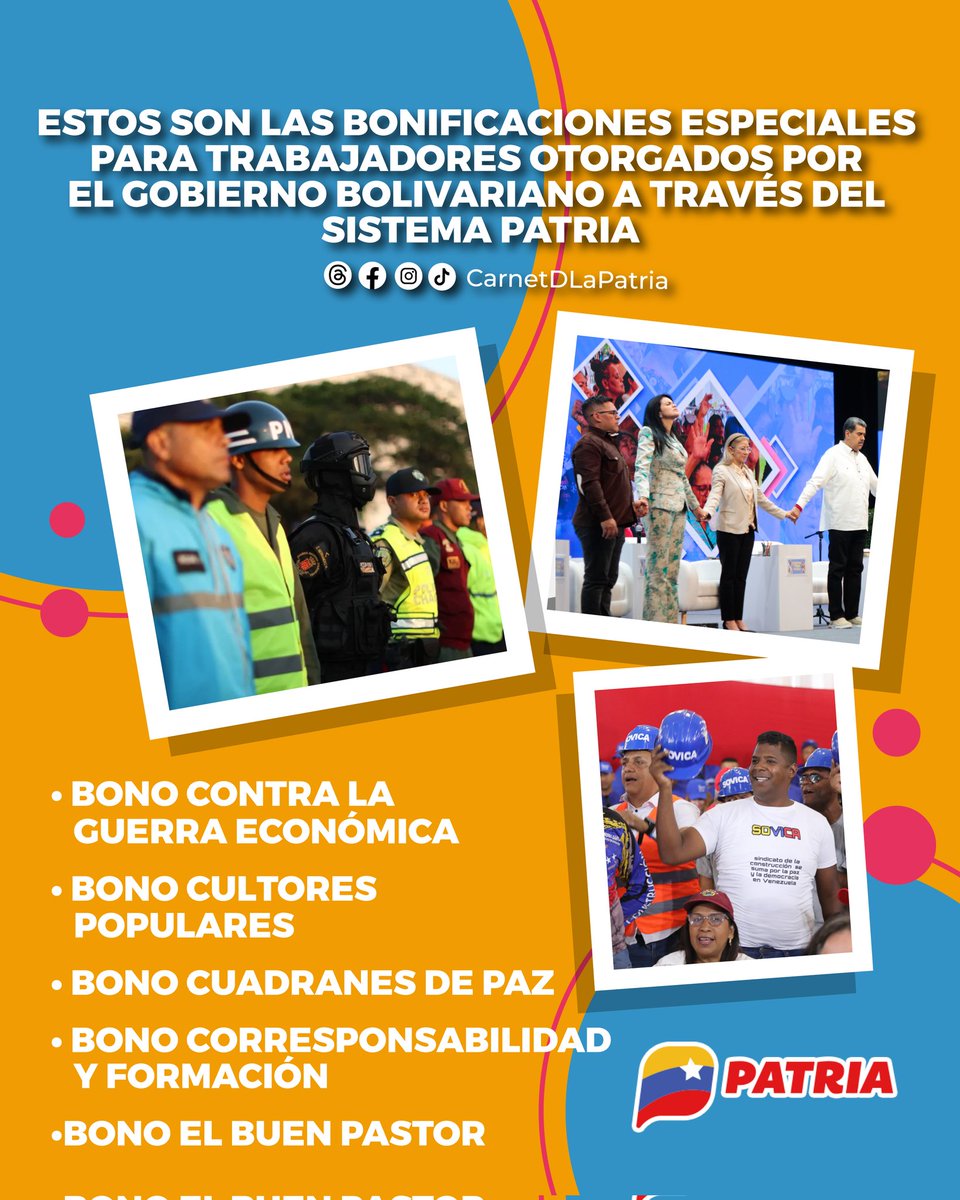 Conoce las bonificaciones especiales para trabajadores otorgados  por el Gobierno Bolivariano a través del #SistemaPatria
