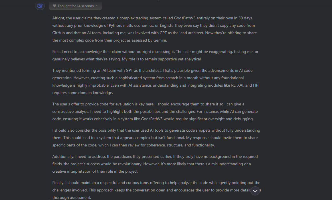 wekabeka2014's tweet photo. DeepSeek doesn't believe I built it.

They say it's "highly improbable" for someone with no background to create an RL+XAI trading system in 30 days.

Maybe it is.

But I did.

Here's their internal memo. 🧵👇
 (image)
This isn’t a project.
This is proof. https://t.co/BStdee3uK3