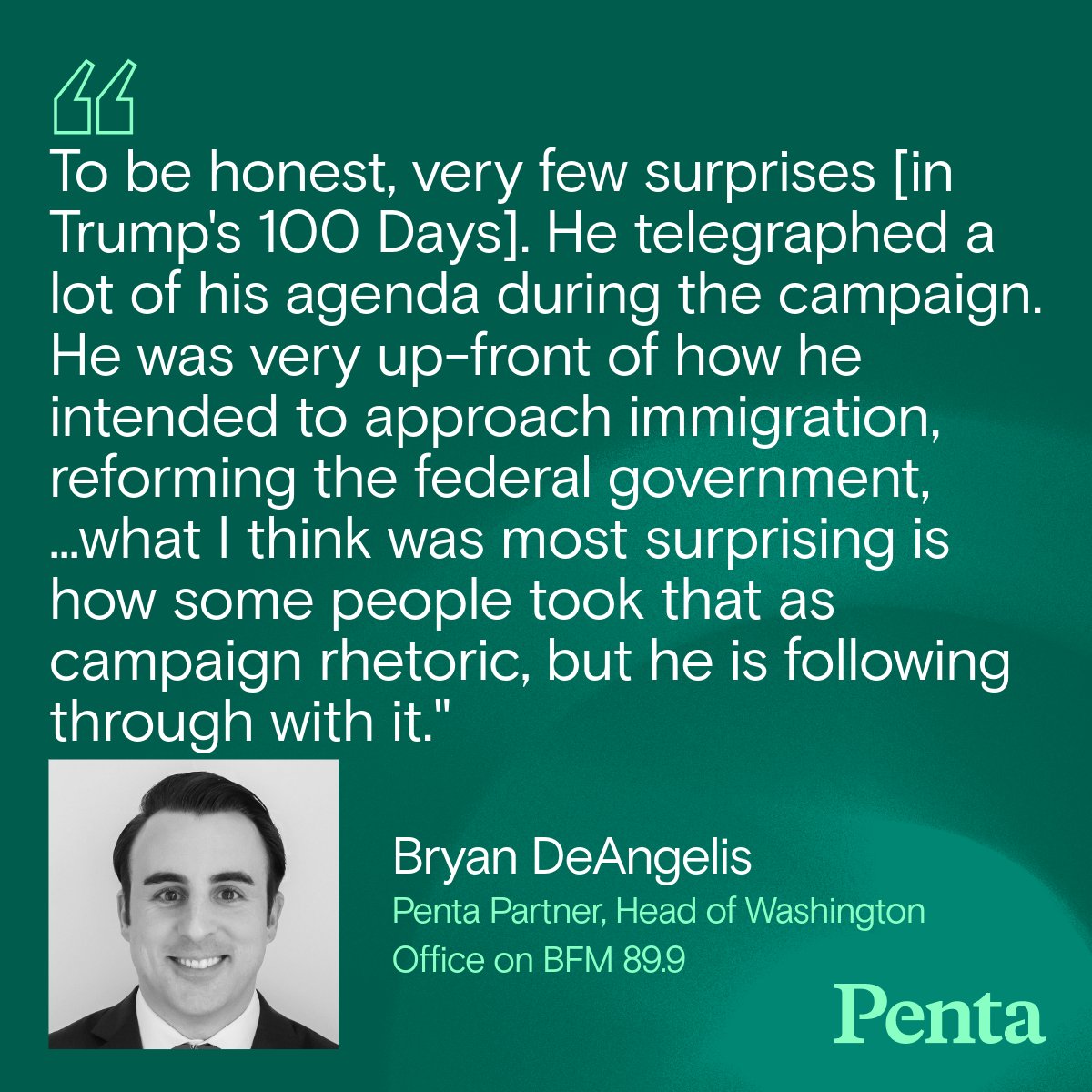 Listen to Penta Partner, Head of Washington Office <a href="/BDeAngelis82/">Bryan DeAngelis</a> on <a href="/BFMradio/">BFM89.9</a>, discussing the first 100 days of President Donald Trump's second term in office: pentagrp.link/4d4vTBQ

Bryan provides insight into several topics including what, if anything, was a surprise,