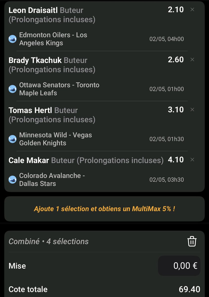 #NHLPlayoffs 🏒🇺🇸🇨🇦

⌚️ 01h00

▫️Combo 4 buteurs 35,90 (les confiances)

▫️Combo 4 buteurs 25,23

▫️Combo 4 buteurs 111,66

▫️Combo 4 buteurs 69,40

Doucement sur les mises les amies 🤗

❤️ &amp; RT si tu suis !

#TeamParieur #StanleyCupPlayoffs #NHL #Playoffs #StanleyCup #HockeyBet