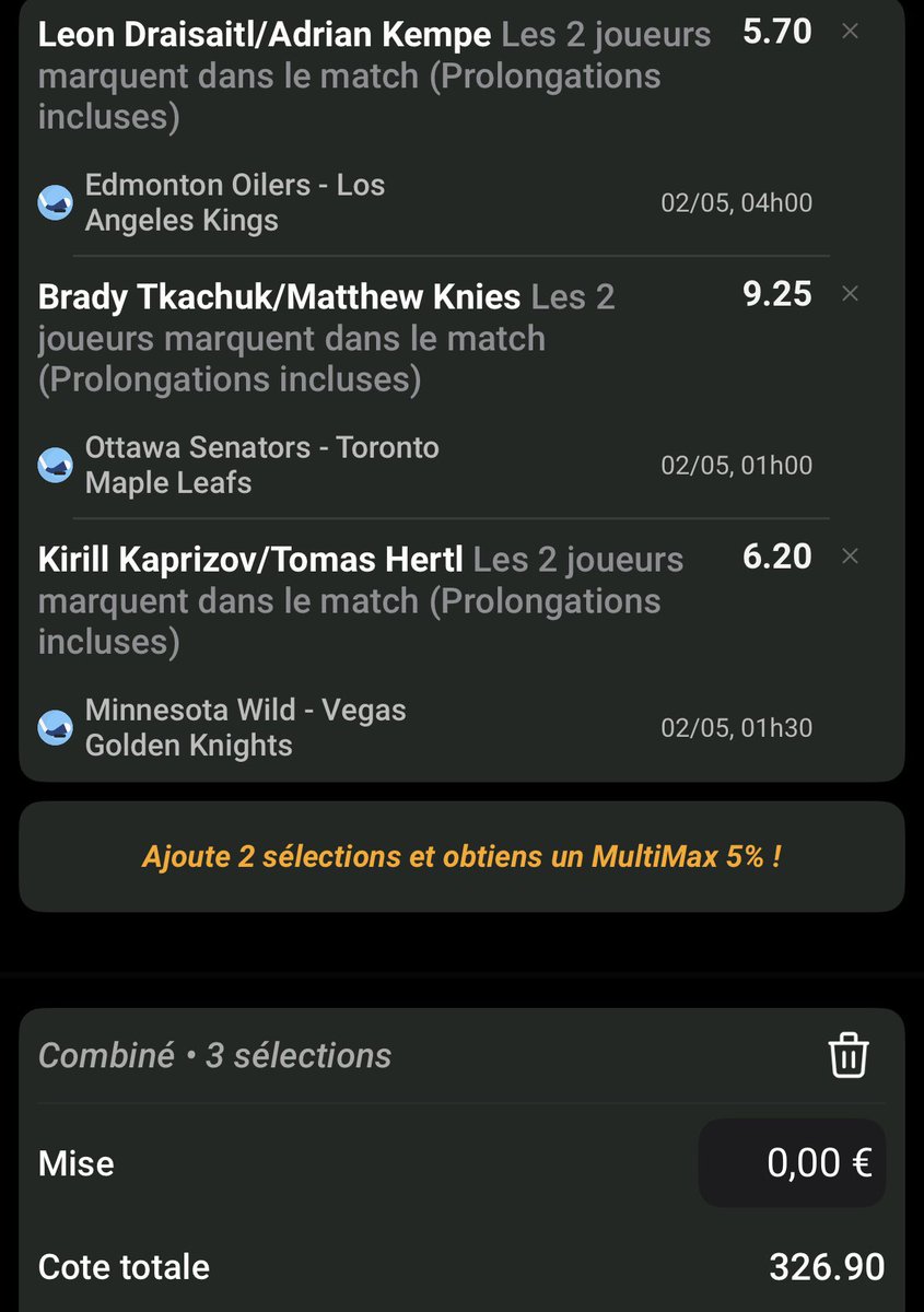 iiiicemaaaaaaan's tweet photo. #NHLPlayoffs 🏒🇺🇸🇨🇦

⌚️ 01h00

▫️Combo 3 buteurs 121,40 

▫️Combo les 2 joueurs marquent 326,90

▫️Combo les 3 joueurs marquent 380

Doucement sur les mises les amies 🤗

❤️ &amp; RT si tu suis !

#TeamParieur #StanleyCupPlayoffs #NHL #Playoffs #StanleyCup #HockeyBet https://t.co/rcuoypAhVZ