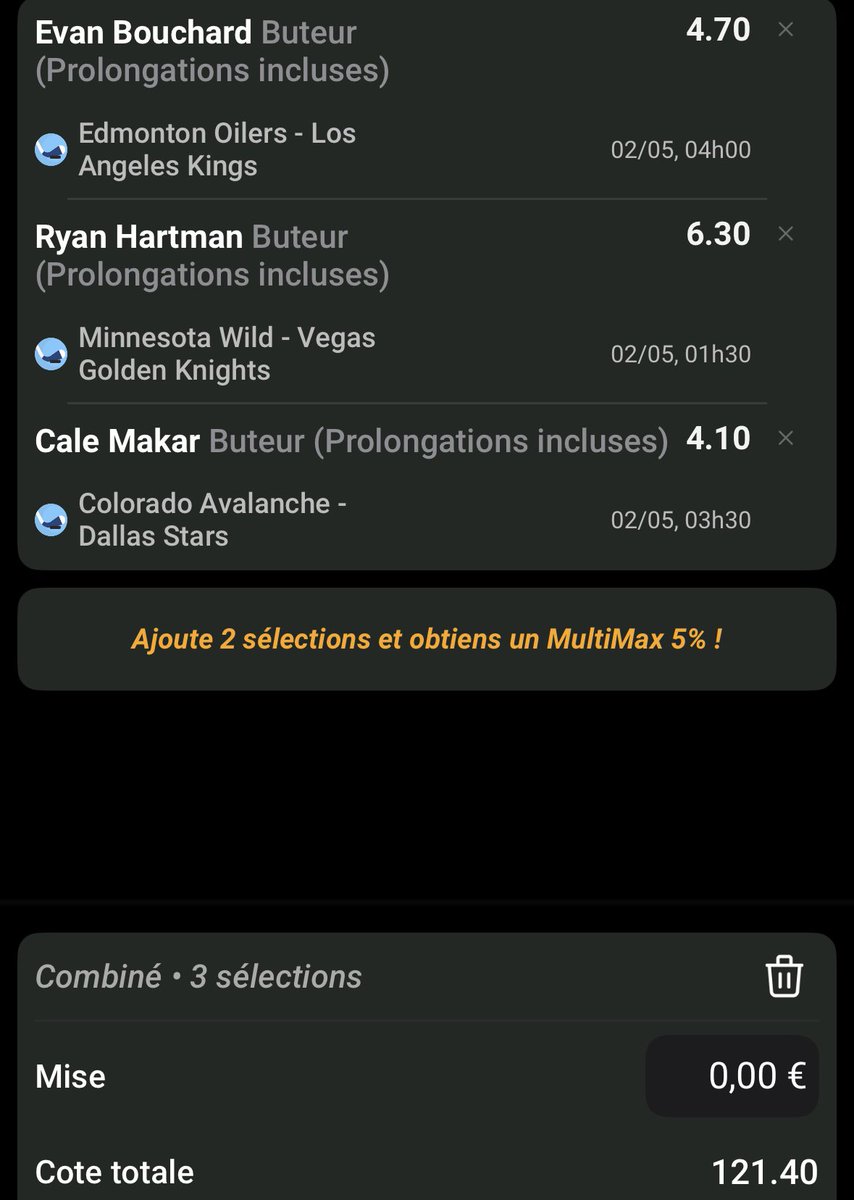 iiiicemaaaaaaan's tweet photo. #NHLPlayoffs 🏒🇺🇸🇨🇦

⌚️ 01h00

▫️Combo 3 buteurs 121,40 

▫️Combo les 2 joueurs marquent 326,90

▫️Combo les 3 joueurs marquent 380

Doucement sur les mises les amies 🤗

❤️ &amp; RT si tu suis !

#TeamParieur #StanleyCupPlayoffs #NHL #Playoffs #StanleyCup #HockeyBet https://t.co/rcuoypAhVZ