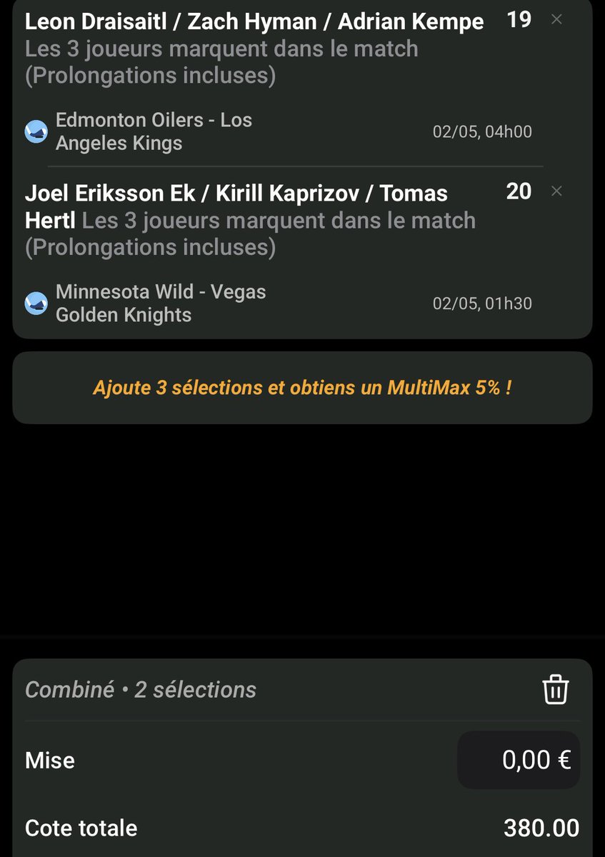 #NHLPlayoffs 🏒🇺🇸🇨🇦

⌚️ 01h00

▫️Combo 3 buteurs 121,40 

▫️Combo les 2 joueurs marquent 326,90

▫️Combo les 3 joueurs marquent 380

Doucement sur les mises les amies 🤗

❤️ &amp; RT si tu suis !

#TeamParieur #StanleyCupPlayoffs #NHL #Playoffs #StanleyCup #HockeyBet