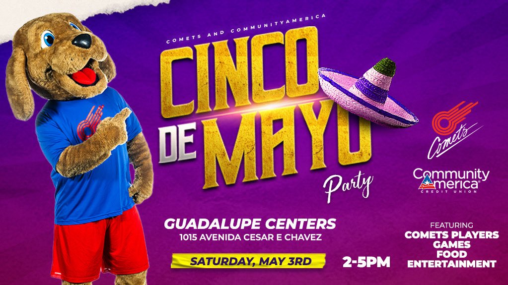 Kansas City Comets (@kccomets) on Twitter photo 🎉 Comets Fiesta this Saturday!
Join <a href="/CommunityAmerCU/">CommunityAmerica</a> and the Comets as we celebrate Cinco De Mayo at <a href="/GCI1919/">Guadalupe Centers</a>. Hang out with some players, win cool prizes and enjoy some fun entertainment!
⏰ 2-5pm - Saturday
📍1015 Avenida Cesar E Chavez, Kansas City, MO 64108 🎉 Comets Fiesta this Saturday!
Join <a href="/CommunityAmerCU/">CommunityAmerica</a> and the Comets as we celebrate Cinco De Mayo at <a href="/GCI1919/">Guadalupe Centers</a>. Hang out with some players, win cool prizes and enjoy some fun entertainment!
⏰ 2-5pm - Saturday
📍1015 Avenida Cesar E Chavez, Kansas City, MO 64108