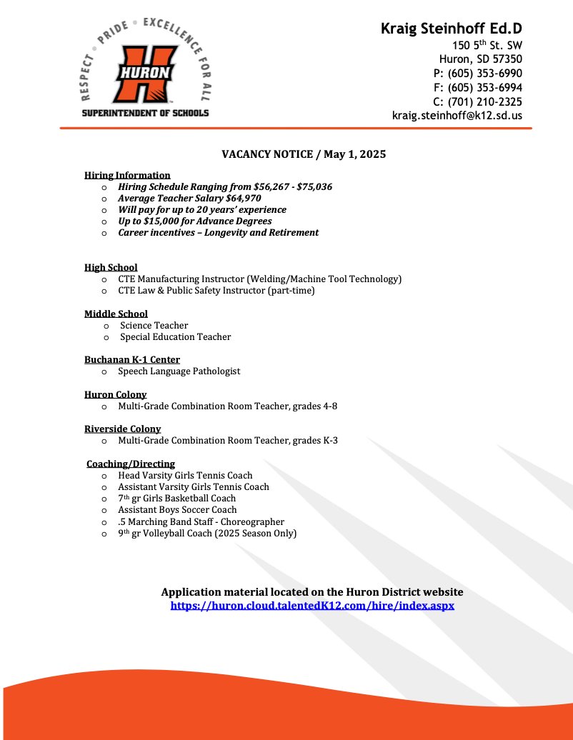 Vacancy Notice - May 1st, 2025

Find all open Huron School District positions here:
huron.tedk12.com/hire/index.aspx

#hurontigers