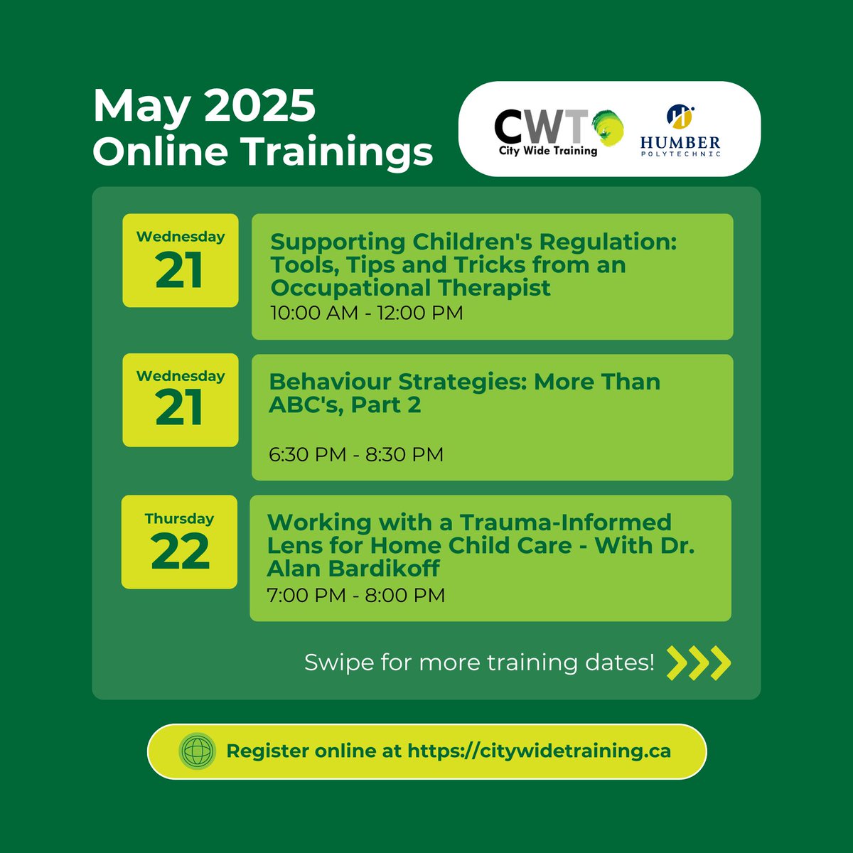 cwt_humber's tweet photo. Don’t miss our May sessions!

Join expert-led workshops on inclusion, behavior, trauma-informed care, and more. Register here: https://t.co/Za4Kz8RaXK   

If you don't get a confirmation email with the link, email citywidetraining@humber.ca. https://t.co/RYhwW0i4jq