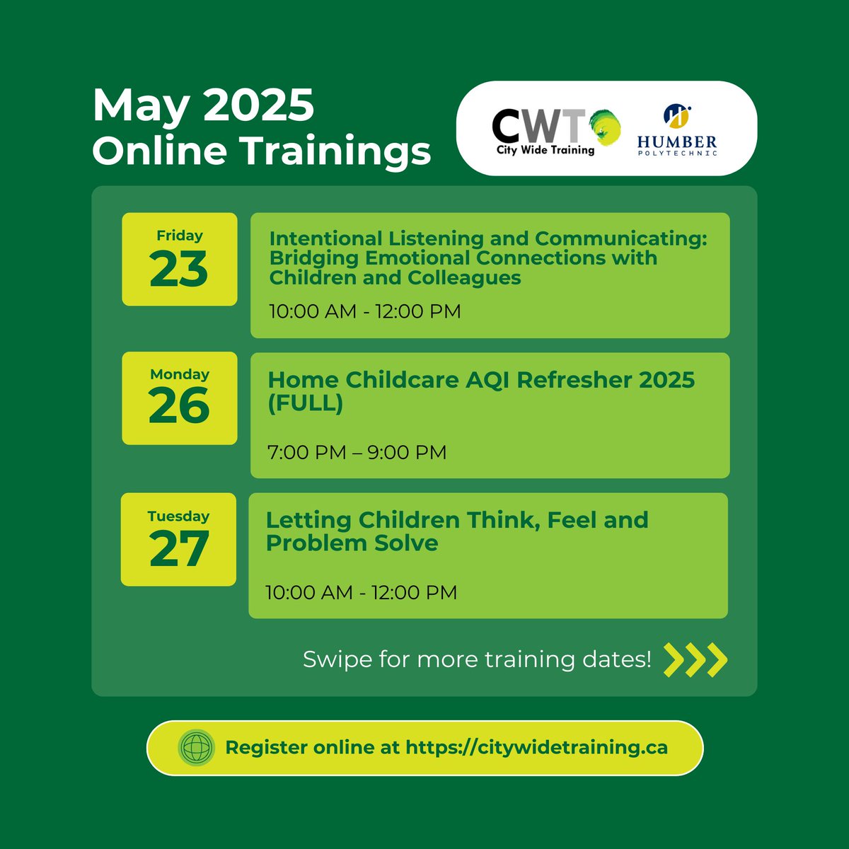 cwt_humber's tweet photo. Don’t miss our May sessions!

Join expert-led workshops on inclusion, behavior, trauma-informed care, and more. Register here: https://t.co/Za4Kz8RaXK   

If you don't get a confirmation email with the link, email citywidetraining@humber.ca. https://t.co/RYhwW0i4jq