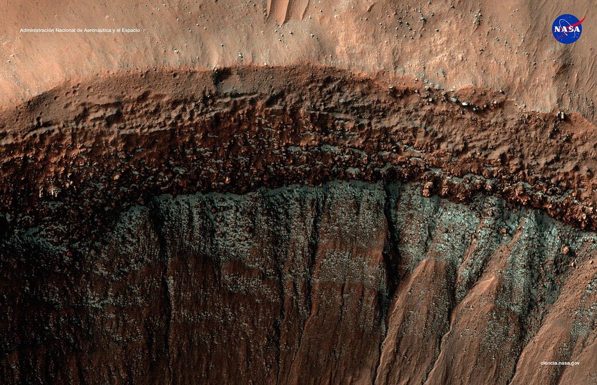 Nuevo mes, nueva imagen. 😎 El planeta rojo protagoniza la página de mayo  de nuestro calendario de Ciencia. Esta vista, captada por nuestro Orbitador  de Reconocimiento de Marte, muestra un cráter marciano, image size:1200x775