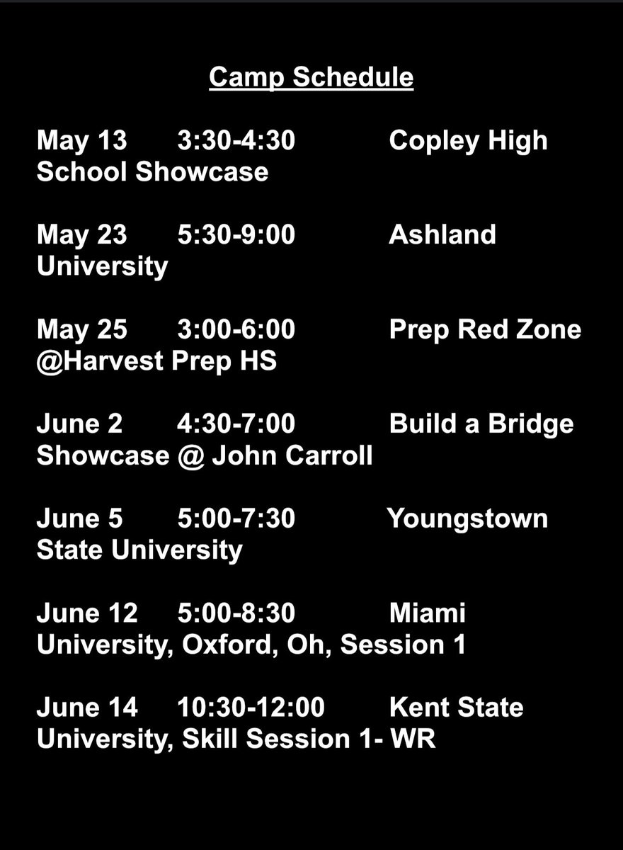 Andrew McKnight (@a_mcknight11) on Twitter photo Coaches, current summer camp/showcase schedule. Canโt wait to get everywhere and compete. <a href="/CoachKrom12/">John Kromalic</a> <a href="/AshlandFB/">Ashland Football</a> <a href="/PrepRedzoneOH/">Prep Redzone Ohio</a> <a href="/FBCoachTJ/">Travis James ๐บ๐ธ</a> <a href="/ysufootball/">Youngstown State Football</a> <a href="/MiamiOHFootball/">Miami Football</a> <a href="/KentStFootball/">Kent State Football</a>
6โ1 190lbs WR/S/ATH
3.5 Acc GPA
Junior Year Film
โ๏ธ hudl.com/v/2QnHWdโ๏ธ Coaches, current summer camp/showcase schedule. Canโt wait to get everywhere and compete. <a href="/CoachKrom12/">John Kromalic</a> <a href="/AshlandFB/">Ashland Football</a> <a href="/PrepRedzoneOH/">Prep Redzone Ohio</a> <a href="/FBCoachTJ/">Travis James ๐บ๐ธ</a> <a href="/ysufootball/">Youngstown State Football</a> <a href="/MiamiOHFootball/">Miami Football</a> <a href="/KentStFootball/">Kent State Football</a>
6โ1 190lbs WR/S/ATH
3.5 Acc GPA
Junior Year Film
โ๏ธ hudl.com/v/2QnHWdโ๏ธ