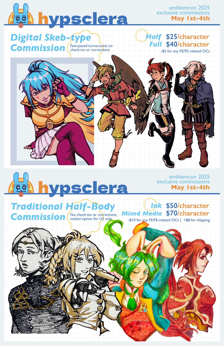 🍒🍓🍇🍎 <a href="/TheEmblemCon/">EmblemCon ☆ May 1-4, 2025☆</a> starts today until 5/4, and i’m tabling as a part of artist alley for the very first time! 🍉🍑🍊🍋

like last year, i’m offering the same con-exclusive c🍈mms! i have a secret 15% off code for my shop if you join the server and access my channel 🤫 (1/2)