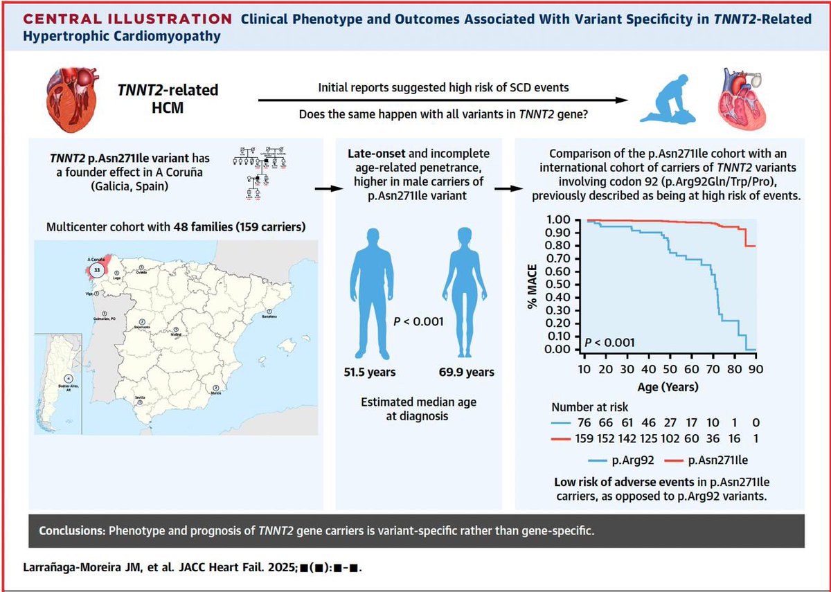 Roberto Barriales-Villa (@rbarvil) on Twitter photo 🧬 Not all genetic variants in HCM are the same.
👏 Great work by Dr. Larrañaga <a href="/xenux88/">JM Larrañaga</a> shows p.Asn271Ile (TNNT2) ➡️ late-onset HCM with low risk ⚠️
🧑⚕️ Phenotype & prognosis are variant-specific, not gene-specific <a href="/seccCFyGenetCV/">Sección Cardiopatías Familiares y Genética CV SEC</a> <a href="/jpocardio/">Juan Pablo Ochoa</a> <a href="/tripoll/">Tomás Ripoll Vera MD,PhD,FESC🇪🇸</a> doi.org/10.1016/j.jchf… 🧬 Not all genetic variants in HCM are the same.
👏 Great work by Dr. Larrañaga <a href="/xenux88/">JM Larrañaga</a> shows p.Asn271Ile (TNNT2) ➡️ late-onset HCM with low risk ⚠️
🧑⚕️ Phenotype & prognosis are variant-specific, not gene-specific <a href="/seccCFyGenetCV/">Sección Cardiopatías Familiares y Genética CV SEC</a> <a href="/jpocardio/">Juan Pablo Ochoa</a> <a href="/tripoll/">Tomás Ripoll Vera MD,PhD,FESC🇪🇸</a> doi.org/10.1016/j.jchf…