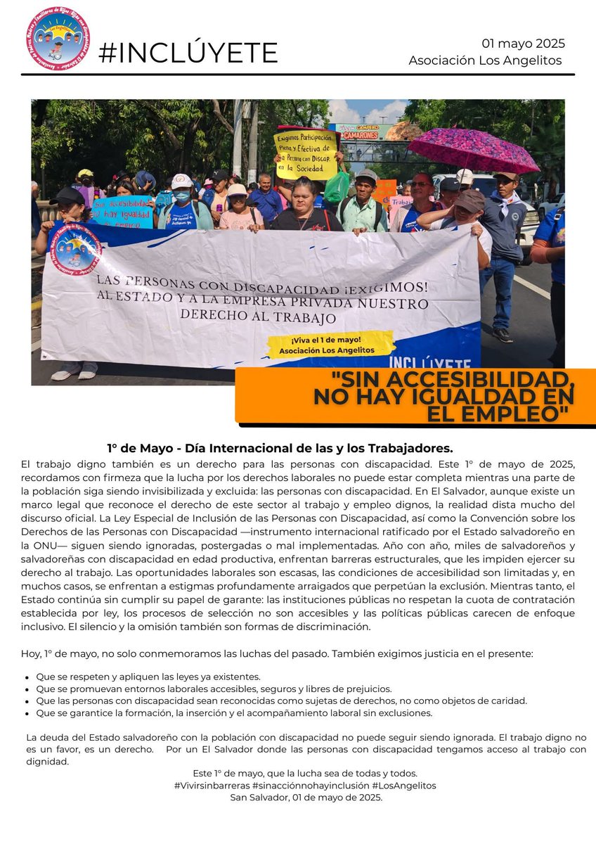 Exigimos trabajo y empleo digno para las personas con discapacidad.
¡Que se cumpla la Ley Especial de Inclusión Ya! #Vivirsinbarreras #sinacciónnohayinclusión 
facebook.com/share/12KtZJdB…
<a href="/PDDHElSalvador/">PDDH El Salvador</a> <a href="/CONAIPD/">CONAIPD</a> <a href="/AsambleaSV/">Asamblea Legislativa 🇸🇻</a> <a href="/RolandoCastroSv/">Rolando Castro</a>