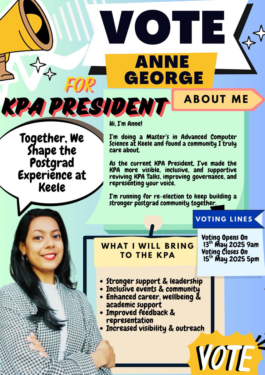 🎓 Meet Your Candidates – KPA Elections 2025!
Get to know who's running for President 🗳️
📅 Voting opens at 9 AM on Tuesday, 13th May

#KPAElections2025 #KeelePostgrads #MeetYourCandidates #StudentLeadership #KPA